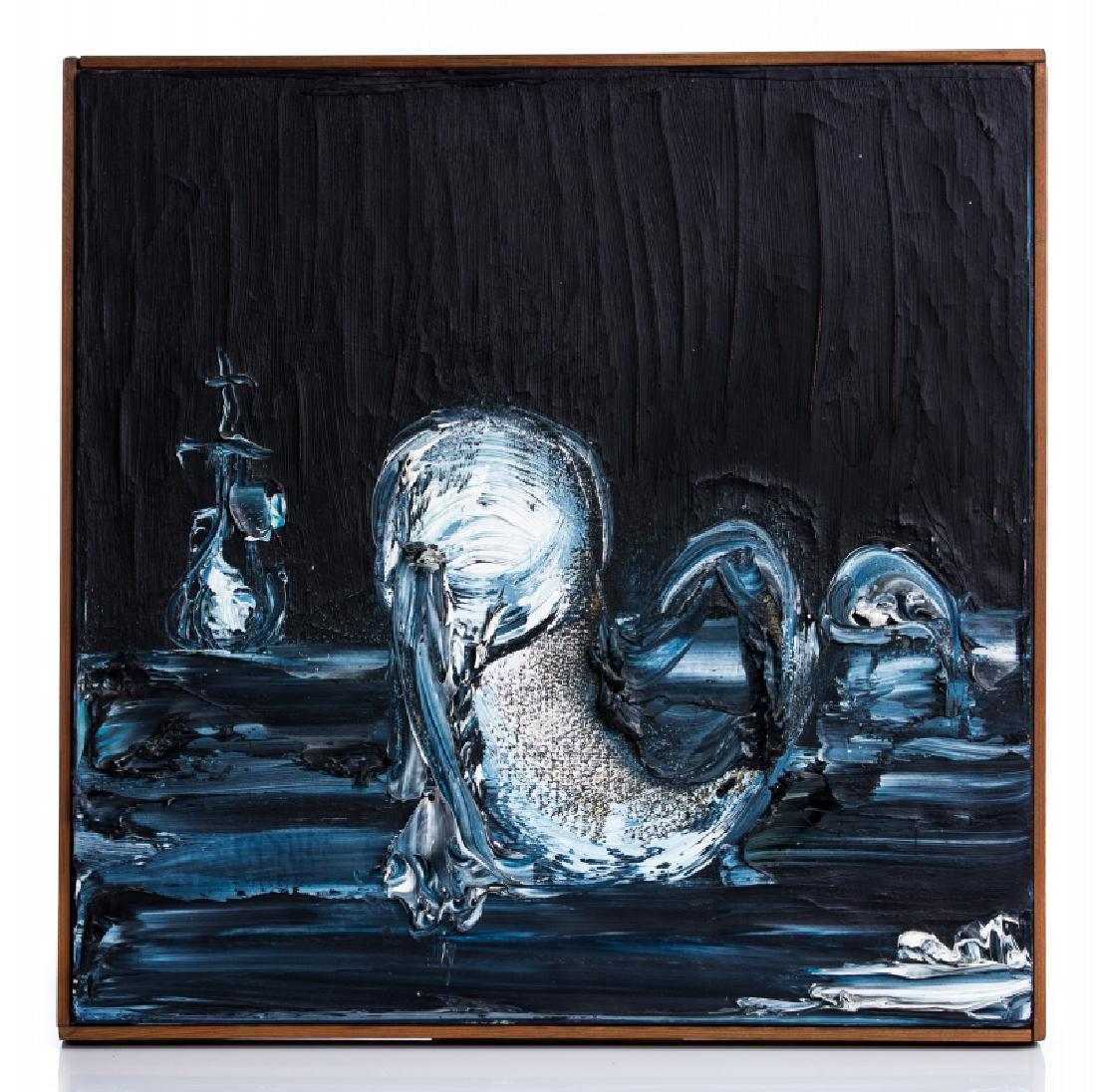 PROBST 1971 ACRYLIC PAINTING ON NAPKIN: Joachim Probst American acrylic painting on napkin dated 1971 signed on back "campbell series" #109 measures approx 17 1/2" square.