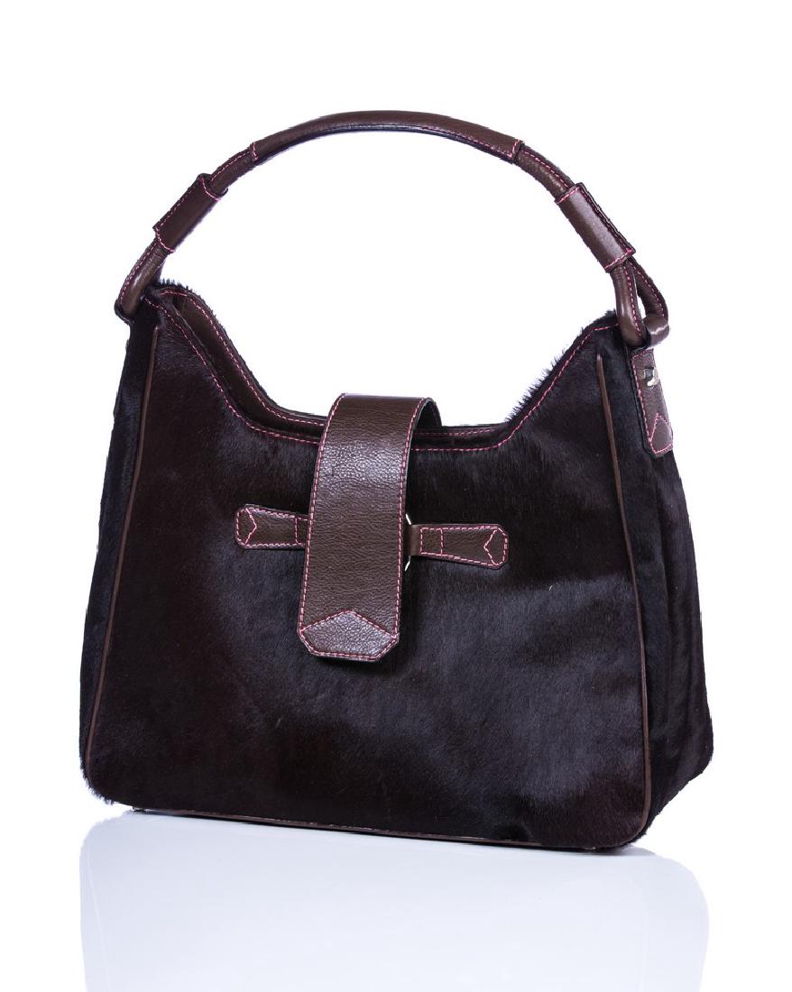 JUDITH LIEBER NEW BROWN BAG: New Judith Leiber brown bag of pony hidden with pink stitched brown leather trim. Swarovski feet. Front closure display "JL" logo in silver tone metal. Inside has zippered pocket and two pockets. Exce