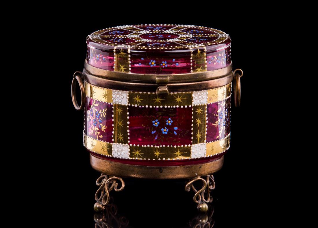 19TH C. BOHEMIAN CRANBERRY GLASS & ENAMEL BOX (1 of 4)