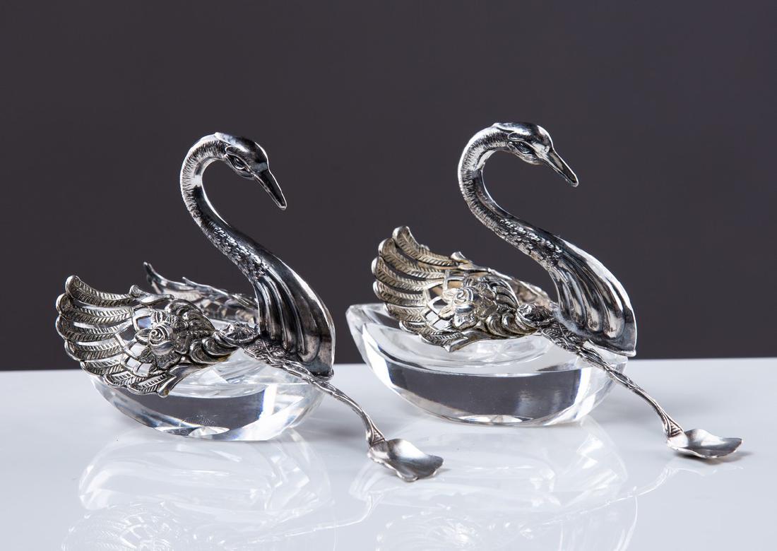 PAIR OF STERLING SWAN WITH SALTS GLASS (1 of 6)