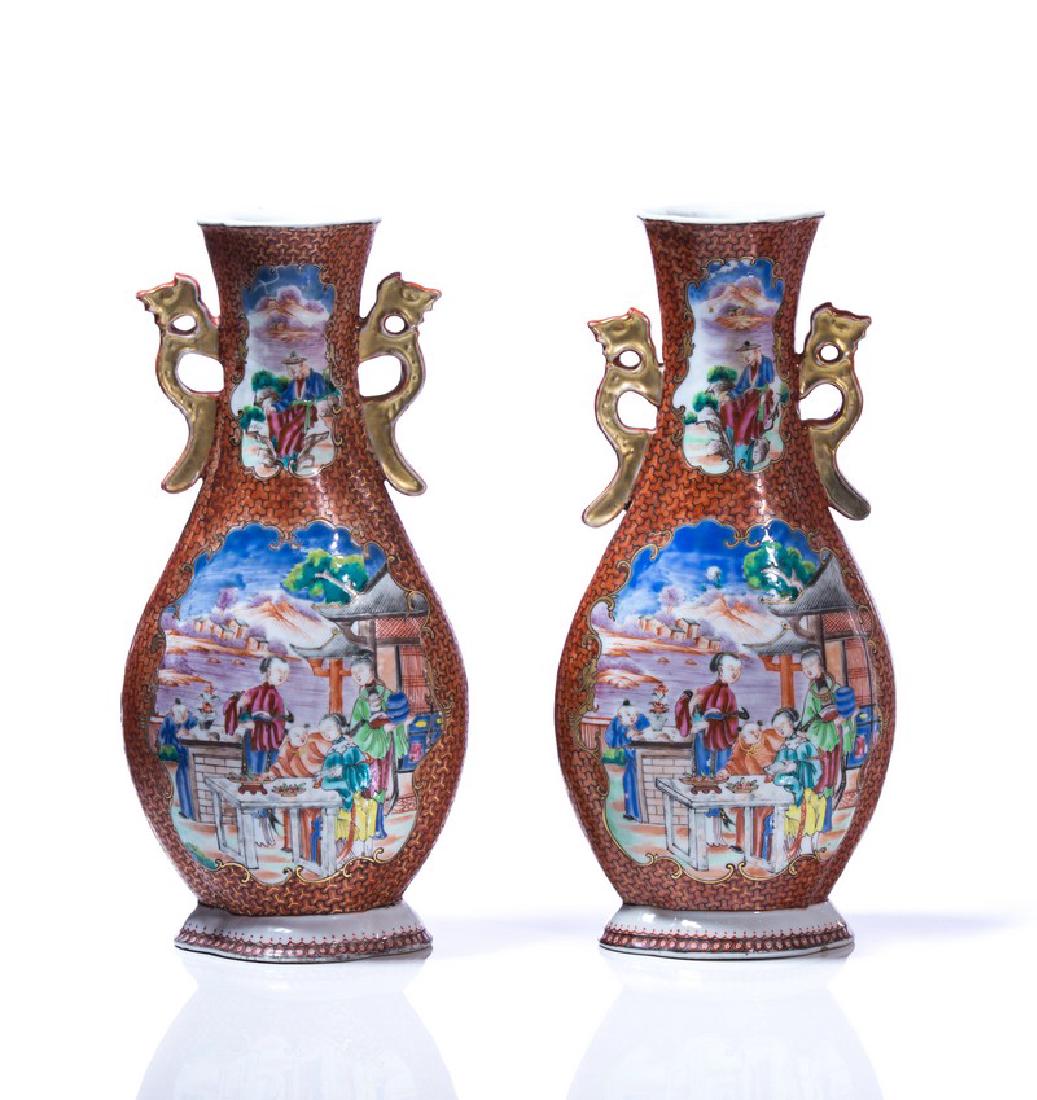 PR CHINESE 2 HANDLED HAND PAINTED PORCELAIN VASES (1 of 5)