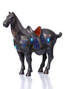 CHINESE 925 SILVER & JEWELED HORSE: Chinese 925 silver and enamel jeweled horse. Measures approx 10 5/8"H x 11 1/2"L x 3 1/2"D.