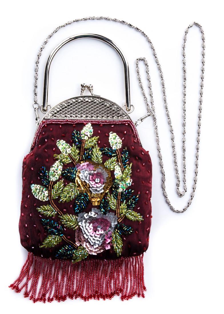 RED SATIN SEQUIN PURSE WITH FRINGE (1 of 2)