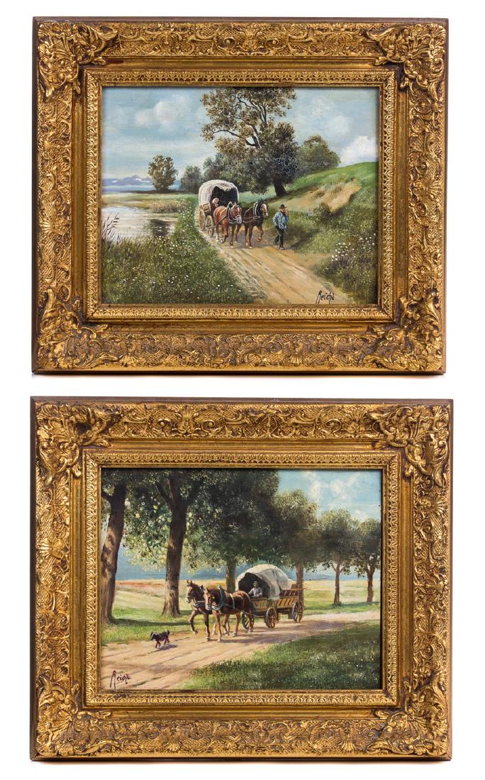 PAIR REICHL OIL PAINTING ON BOARD WAGON WITH HORSE (1 of 10)