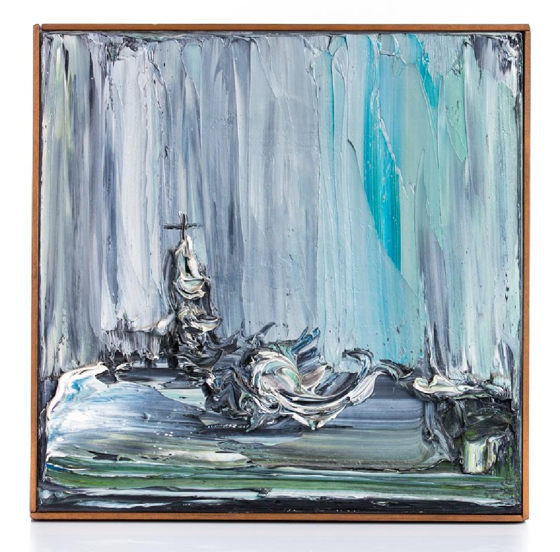 PROBST 1971 ACRYLIC PAINTING ON NAPKIN: Joachim Probst American acrylic painting on napkin dated 1971 signed on back "campbell series" #112 measures approx 17 1/2" square