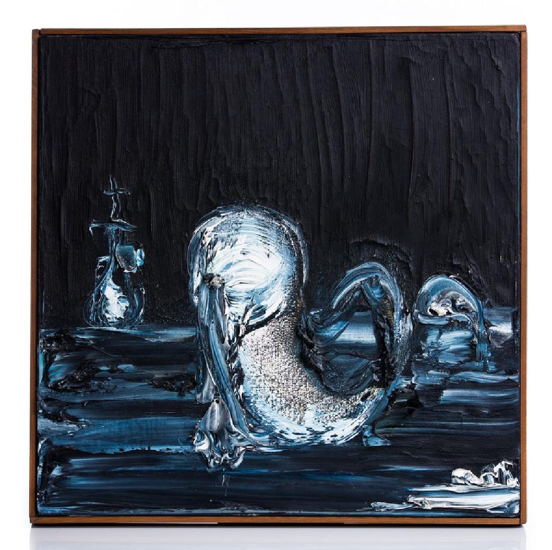 PROBST 1971 ACRYLIC PAINTING ON NAPKIN: Joachim Probst American acrylic painting on napkin dated 1971 signed on back "campbell series" #109 measures approx 17 1/2" square.