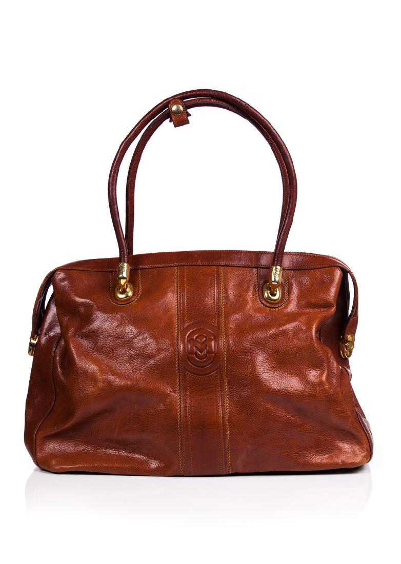 MARINO ORLANDI LEATHER TOTE: Marino Orlandi large leather tote or handbag in brown saddle color Italian. Interior divided in two sections by a large zippered section. One side has zippered pocket. Also outside pocket. Double hand