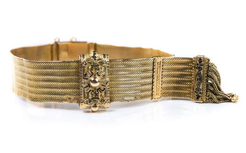 ANTIQUE 14KT YG & ENAMEL BRACELET: Antique 14 kt yellow gold and enamel bracelet with fringes 20.8 dwt. 6 7/8" L x 1/2" w. Has safety chain.