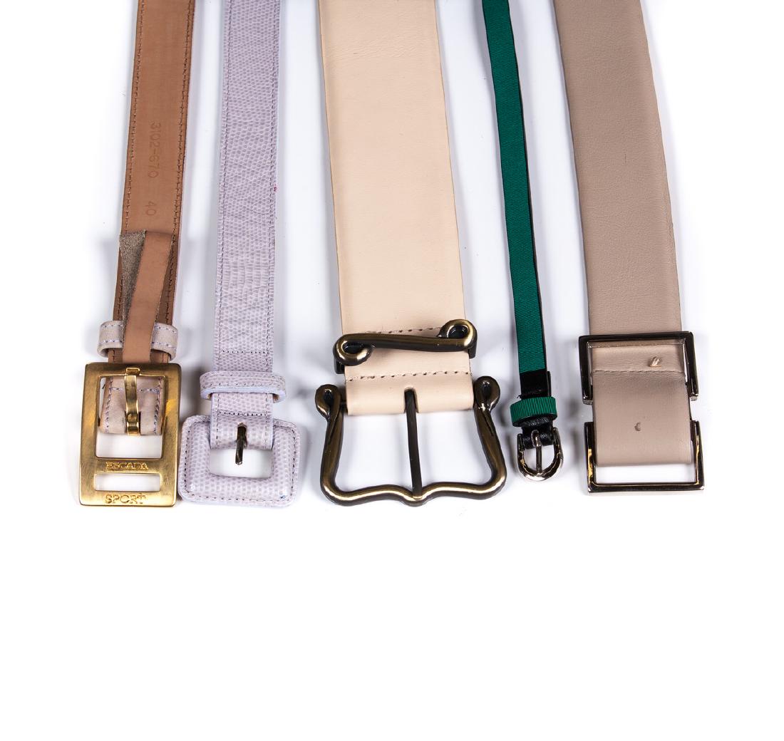 ESCADA ELLEN TRACY BELTS: Escada sport made in Italy suede belt - Large Ellen Tracy wide beige belt - Large No name thin silver, teal and brown bronze belt - Large. Harken reptile belt - Large Ellen Tracy Beige belt - Medium.