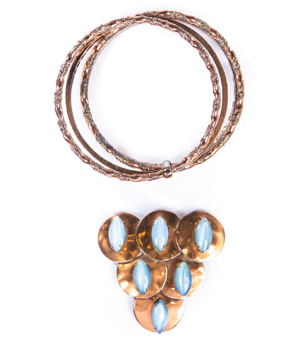 DECO COPPER BANGLE BRACELETS: Fine copper bangle bracelets and copper deco clip white gold marquise shaped blue cat eye type stones.