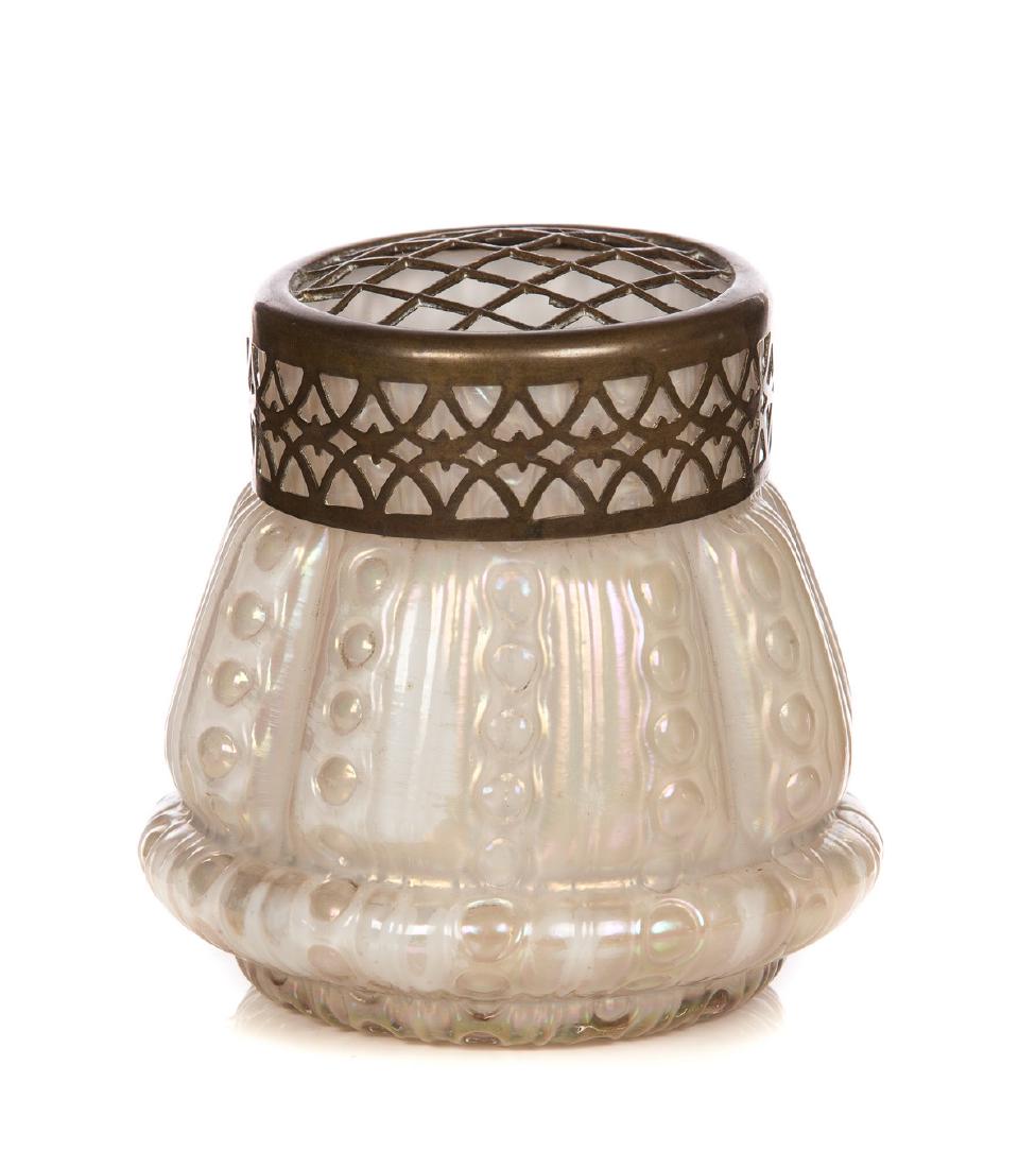 LOETZ STYLE FLOWER FROG VASE: Pearl Iridescent with mesh top loetz type flower frog vase. Measures approximately 3 3/4" height x 4" diameter.