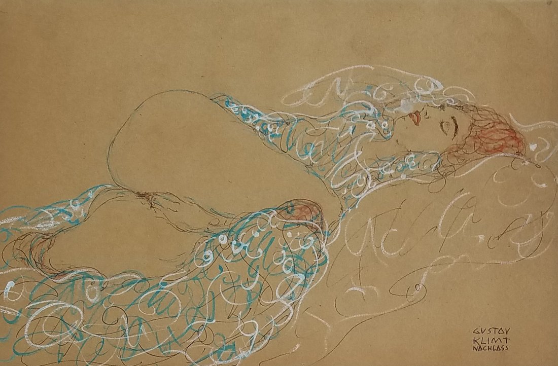 Mixed media on paper: Watercolor and ink on paper 7 1/4" x 11 1/2". Signed lower right Gustav Klimt Nachlass.