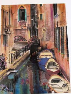 Martin Roberts "Canal W/ Blue Shutters" Hand Signed Lit: Artist: Martin RobertsTitle: "Canal With Blue Shutters" Image Dimensions: 8" x 10.5" Paper Dimensions: 11" x 14"Medium: Lithograph of Hand Painted B&W PhotoHand Signed Martin Roberts began his artisti