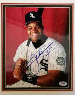 Frank Thomas Signed photo in A met: Frank Thomas Signed photo in A met Frank Edward Thomas, Jr., nicknamed "The Big Hurt," is an American former first baseman in Major League Baseball who played for three American League teams from 1990