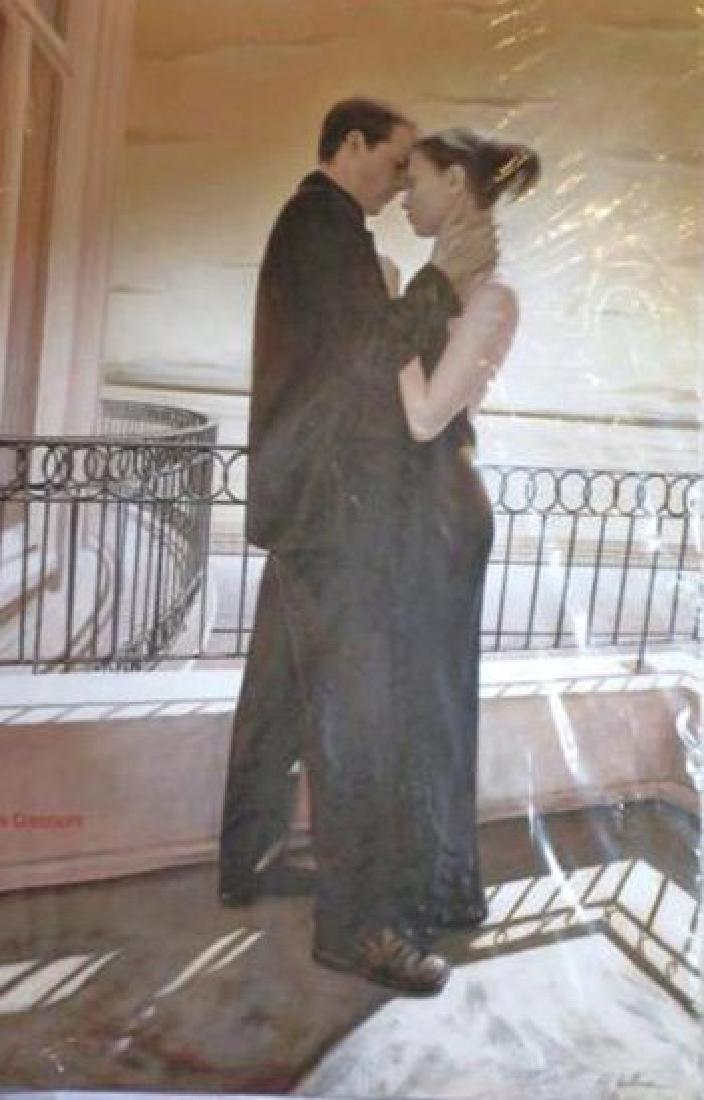 Rob Hefferan Oil on Canvas "Tenderness on Balcony": ARTIST: Rob Hefferan: Tenderness on Balcony(Note: Photos show canvas covered in plastic wrap, please contact if you need a photo without plastic.CANVAS SIZE: 44" x 29"MEDIUM: Original One-of-a-Kind Oi