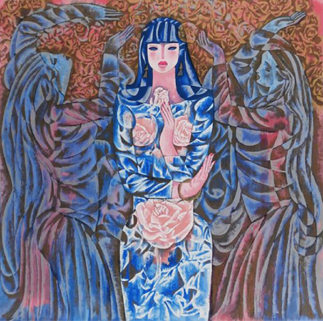 Zhou Ling QUIET MOMENT Yunnan School Print Rice Paper: This serenely beautiful print is by the well-known and avidly collected Yunnan School artist Zhou Ling: Title: "Quiet Moment" Limited edition serigraph on black rice paper Signed and numbered in Roman