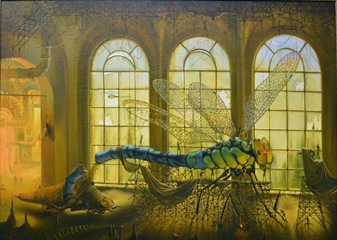 VLADIMIR KUSH LASER TUNE-UP SIGNED ORIGINAL OIL ON: Vladimir Kush was born in Russia, in a one-story wooden house near the Moscow forest-park Sokolniki. n the year 1987, Vladimir began to take part in exhibitions organized by the Union of Artists. At a