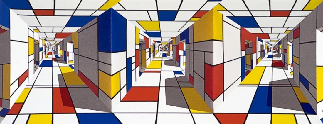 Patrick Hughes PURISM 2006, 3 D Hand painted multiple: Patrick Hughes PURISM 2006, 3 D Hand painted multiple with lithography 2006, lithograph, signed/num. in pencil, Edition 45 Paper size: 16.3/4 x 34.3/4 x 6.1/4 Images size: 16.3/4 x 34.3/4 x 6.1/4 in o