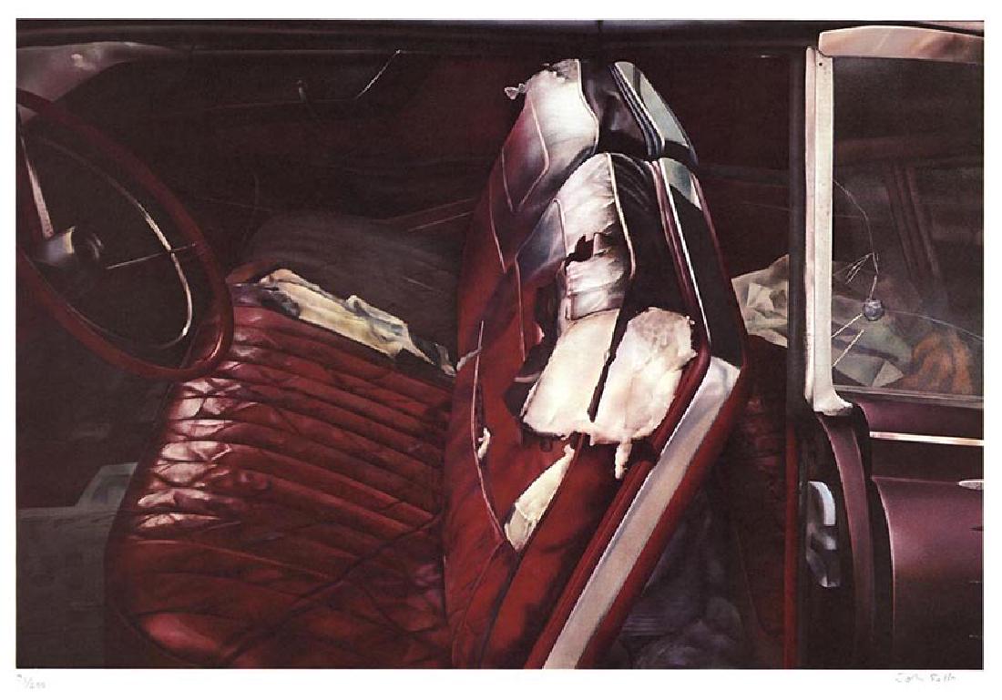 John Salt, Arrested Vehicle with Red Seats lithograph: John Salt Arrested Vehicle with Red Seats lithograph signed in pencil Edition xx/200Paper size: 20 x 28.5 inchImages size: 17 1/4 x 25.3/4 inch