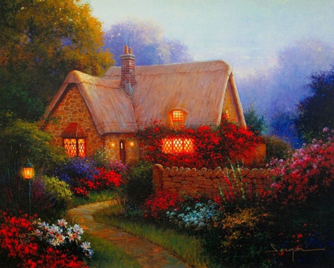 Sergon "Bougainvillea Cottage" serigraph on canvas HS/N (1 of 1)