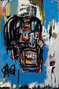 Jean-Michel Basquiat, Untitled (1982) offset lithograph: Jean-Michel Basquiat, Untitled (1982) offset lithograph 36x24. The large, intense canvas of a skull on a bright-blue background had not been publicly exhibited in 35 years, according to Sotheby’s, a