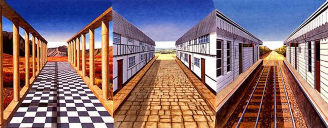 Patrick Hughes, Journeys 2000, 3D Hand painted multiple: Patrick Hughes Journeys 2000, 3 D Hand painted multiple with lithography Edition 40 Paper size: 16.1/2 x 34.1/2 x 6.3/4 in Images size: 16.1/2 x 34.1/2 x 6.3/4 in in original plexi box excellent condi