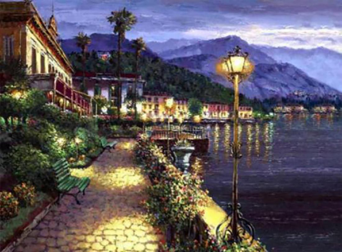 SAM PARK "Lights of Bellagio" Evening Waterfront 24x32 (1 of 1)