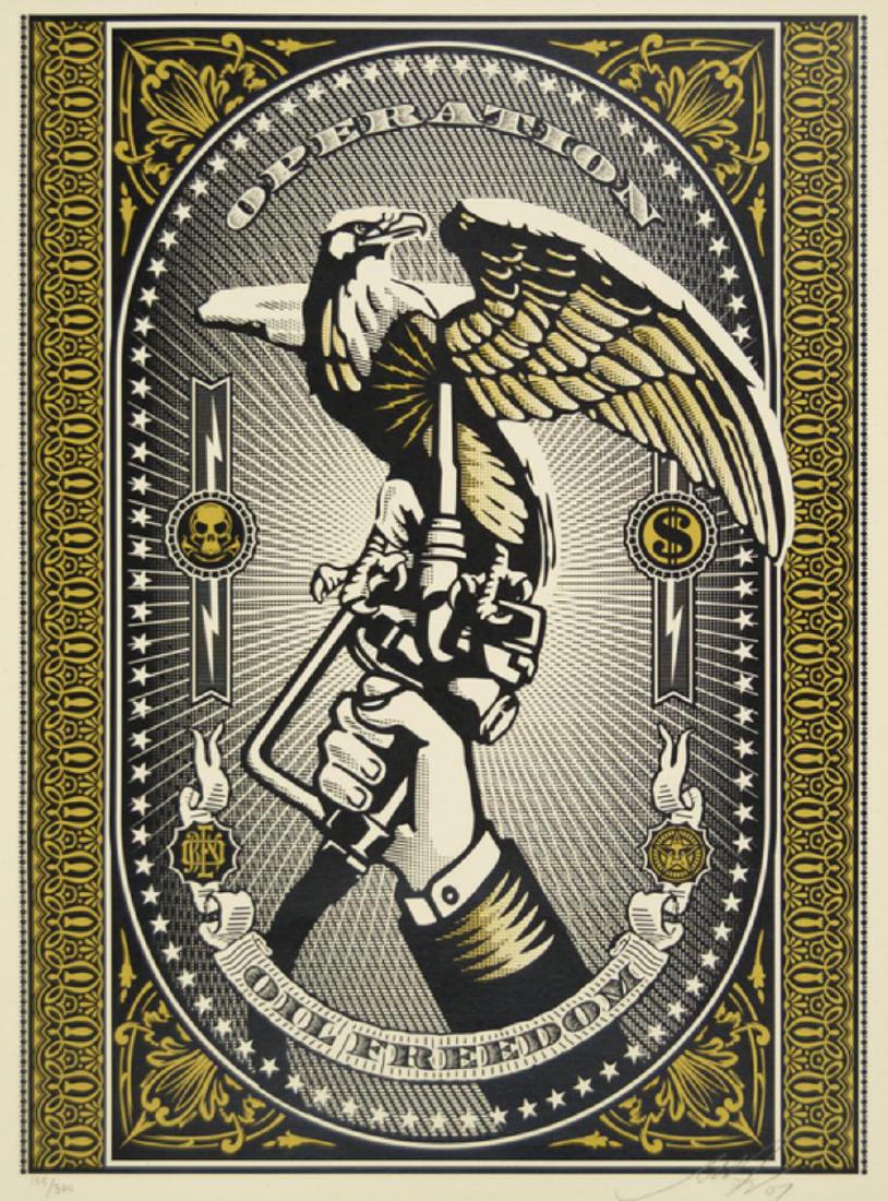Shepard Fairey "Operation Oil Freedom" Gold 2007 S/N se: Artist: Shepard Fairey & Mike Giant Title: Operation Oil Freedom year: 2007Class: Art print Status: Official Edition: 300size: 18" X 24"Markings Signed and numbered by the artist