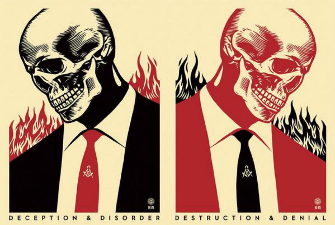 Shepard Fairey, Destruction & Denial Serigraph: Frank Shepard Fairey (Obey) Destruction & Denial Serigraph/Screen Print on: Speckeltone Paper signed/numbered, xx/200 (matching numbers) Paper size: 18 x 24 inches (45.7 x 60.9 cm) (each print) Im