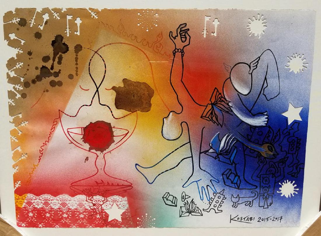 Mark Kostabi, "Cosmic Flux" Framed original mixed Media: Mark Kostabi, "Cosmic Flux" Framed original mixed Media on paper. Measures approx. 38" x 30.5" (with frame), 30" x 22" (image). Comes with original coa