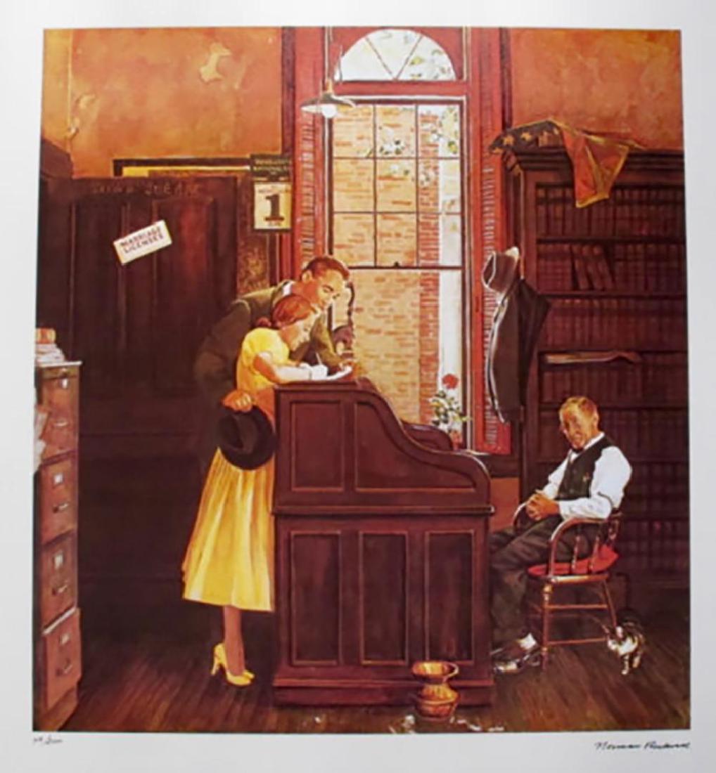 Norman Rockwell Faxs. Signed L/E Lithograph "MARRIAGE: This is a limited edition Facsimile signed lithograph Norman Rockwell titled "Marriage Contract". This Norman Rockwell work of art was originally an oil painting done for The Saturday Evening Post on