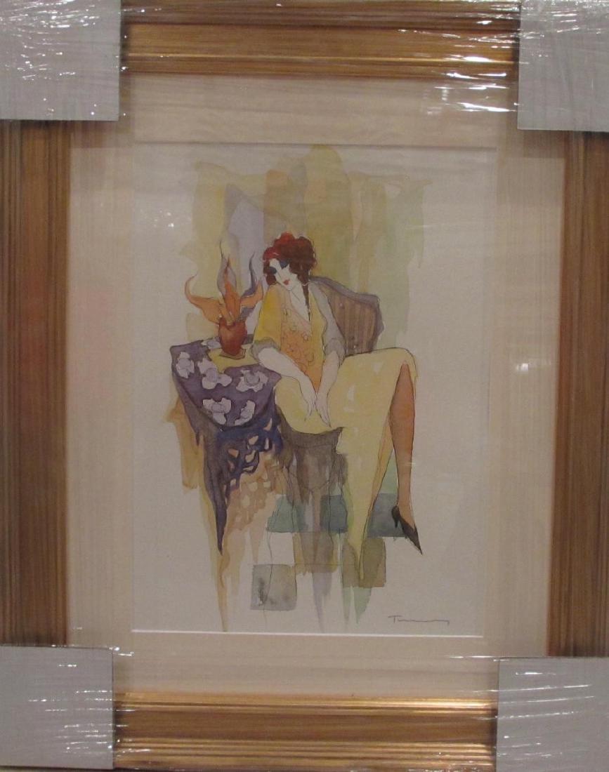 Itzchak Tarkay, Waiting Hand Signed Original water: Artist: Itzchak Tarkay Title: Untitled for reference, Framed Dimensions: 21" x 24" Medium: Watercolor Custom Framing: Bronze frame with matching inner fillet and white matting. Finished back/dust cove