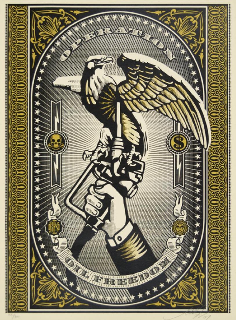 Shepard Fairey "Operation Oil Freedom" Gold 2007 S/N se: Artist: Shepard Fairey & Mike Giant Title: Operation Oil Freedom year: 2007Class: Art print Status: Official Edition: 300size: 18" X 24"Markings Signed and numbered by the artist