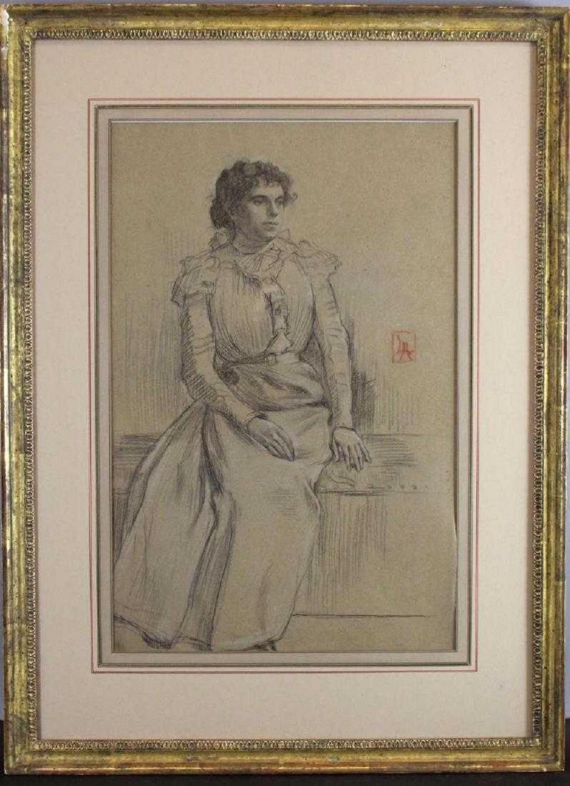 Lucien Abrams Charcoal Drawing Victorian Woman Portrait: Lucien Abrams (1870 - 1941) was an established figure and landscape artist who was a member of the Old Lyme Art Colony. This original charcoal drawing measures 12 1/2" by 19" by sight and it comes und