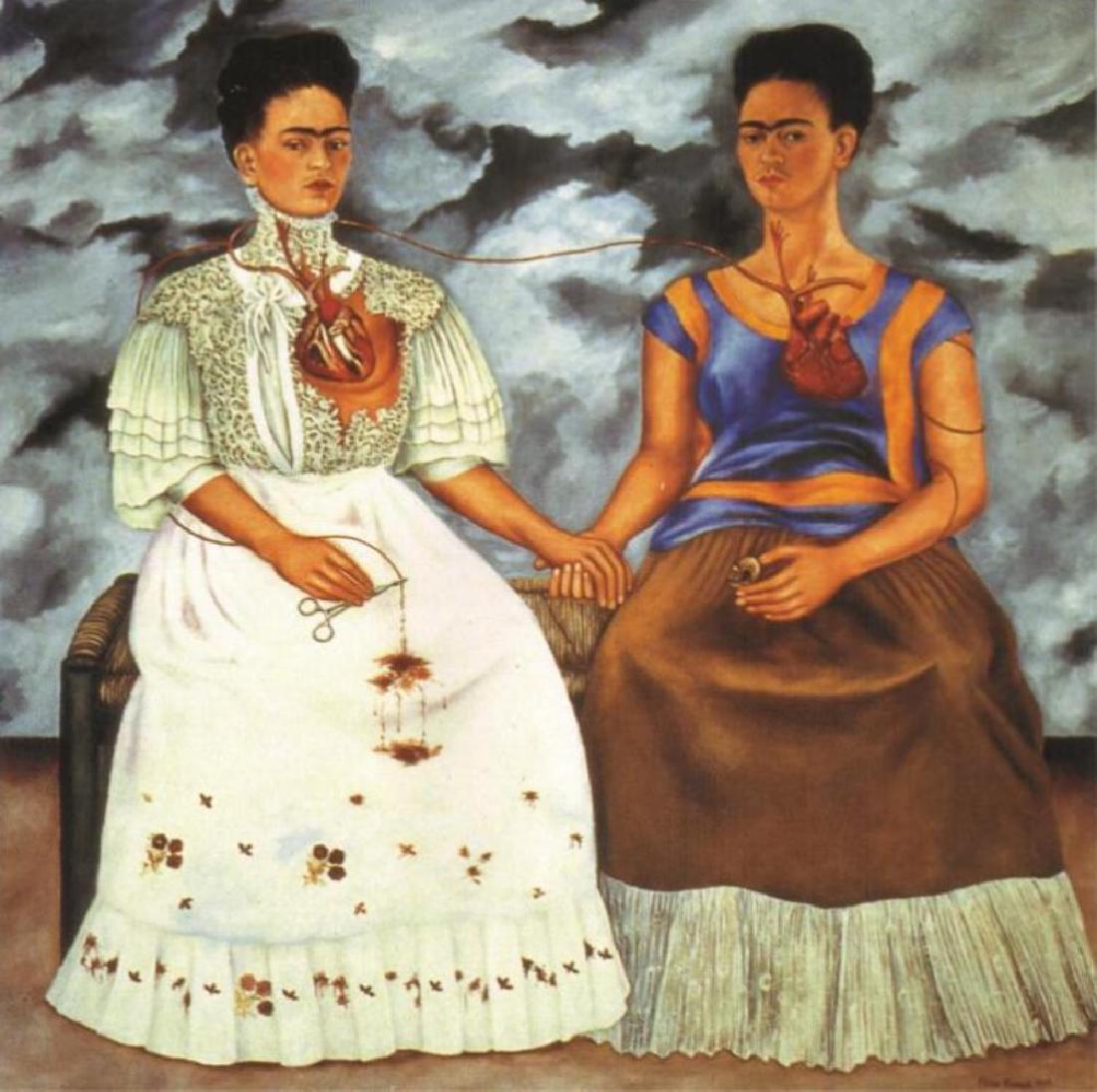 The Two Fridas, 1939 by Frida Kahlo Framed offset: Title - The Two Fridas, 1939 Artist - Frida Kahlo Paper Size - 11" x 14" Image Size - 8" x 8" frame approx: 17" x 20"