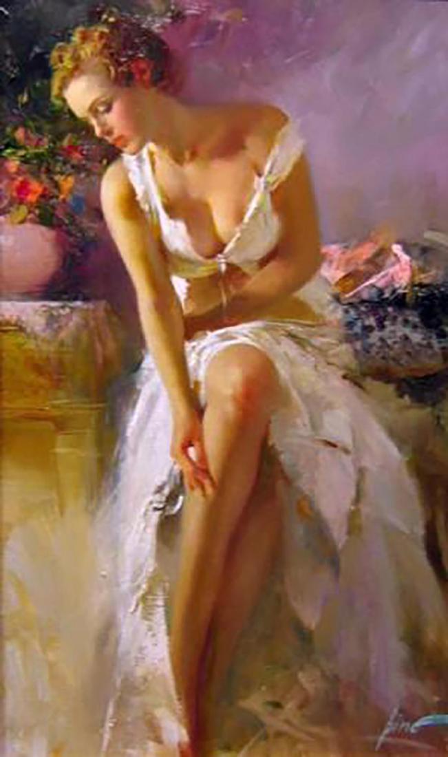 Pino "Angelica" Hand Embellished Giclee on Canvas: Pino Daeni (November 8, 1939 – May 25, 2010) was an Italian-American book illustrator and artist. He is known for his style of feminine, romantic women and strong men painted with loose but accur