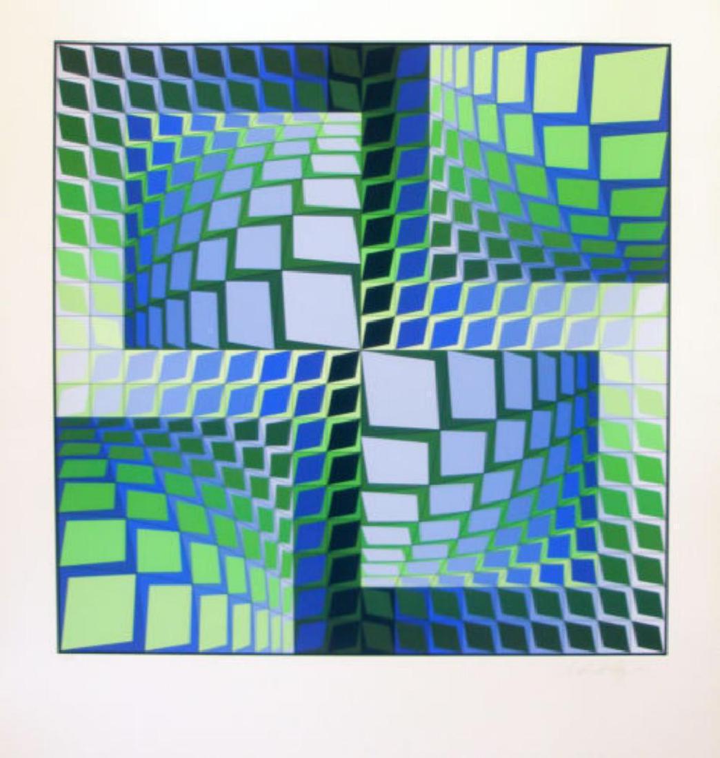 VASARELY s/n serigraph THEZ * Publisher's COA: This is Victor Vasarely's THEZ, a limited edition serigraph, FROM THE EDITION OF /250 and hand-signed by the artist. Printed at Atelier Arcay in Paris, France. Now out of print. Publisher's Certificat