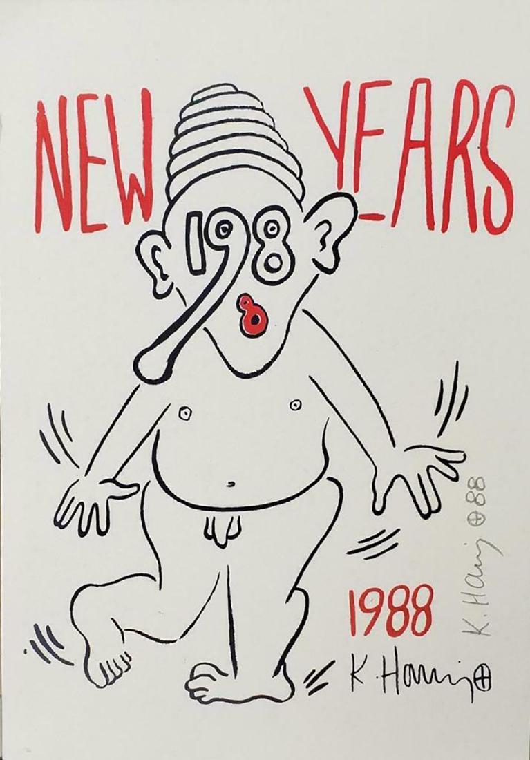 HARING Keith, Screen print U.T 1988 Hand signed ED.150: HARING Keith, 1958-1990 (USA) Title : Untitled (New Years) Date : 1988 Medium : Screenprint in black and red, on wove paper, full sheet, from the edition of 150 Paper size: 10.1/4 x 8.1/4 in Images si