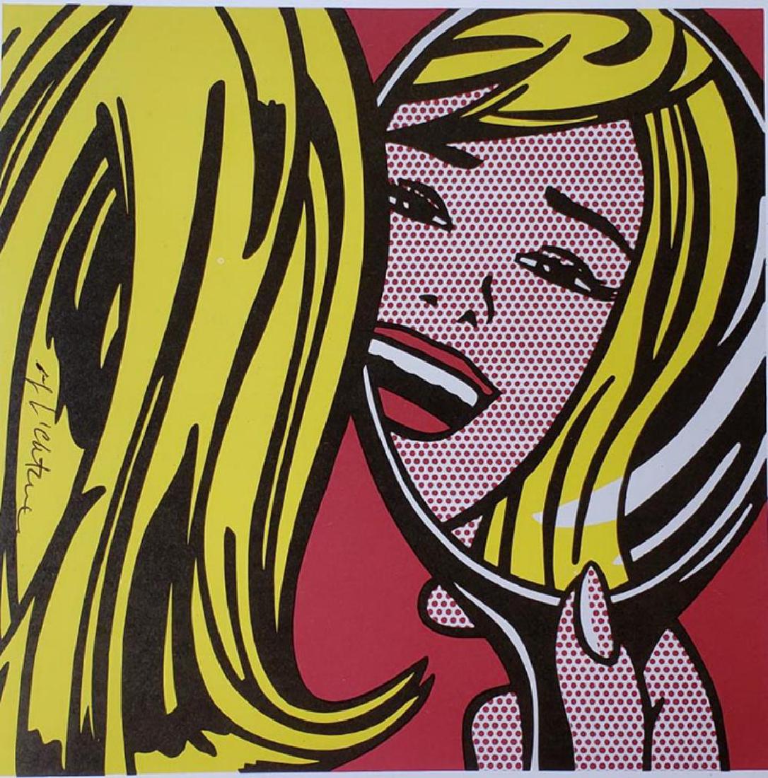 ROY LICHTENSTEIN, Girl in Mirror 1964 Hand signed: ROY LICHTENSTEIN, Girl in Mirror 1964, Book page offset lithograph hand signed Image size: 11 x 11 inch frame size approx: 18" x 18"