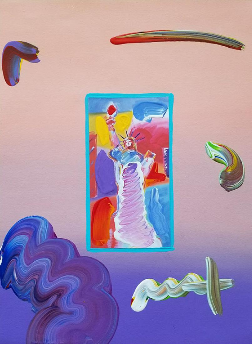 PETER MAX, "STATUE OF LIBERTY", ORIG MIXED MEDIA: ORIGINAL MIXED MEDIA, HAND SIGNED, ONE OF A KIND MIX MEDIA ON PAPER, painting size" 16" X 12"