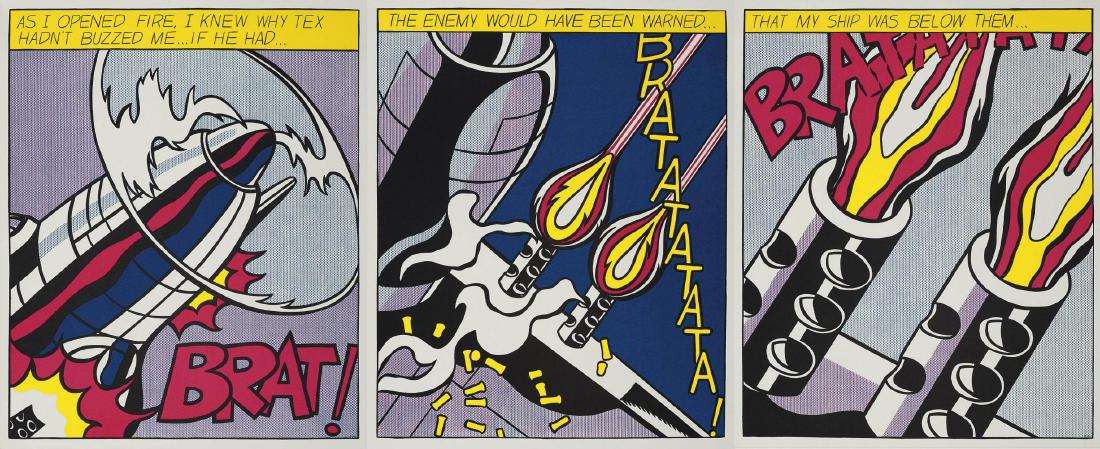 Roy Lichtenstein "as I Opened Fire" Triptychon original: Roy Lichtenstein "as I Opened Fire" Triptychon original silkscreen poster. In this auction is an extremely rare 100% original Roy Lichtenstein Poster Set of three (triptych) from the 80s. Real Collect