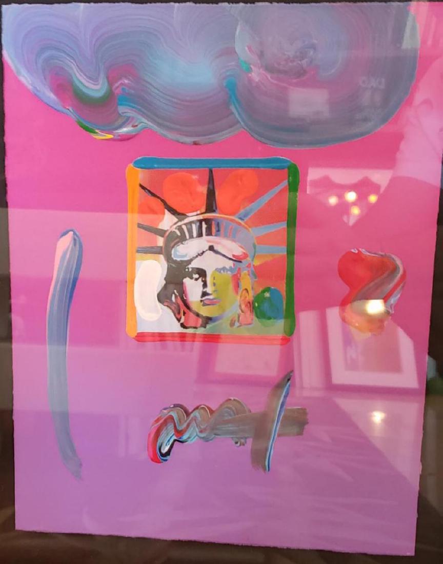 PETER MAX, "LIBERTY HEAD", ORIG MIXED MEDIA: MASTER ARTIST: ORIGINAL MIXED MEDIA, HAND SIGNED, ONE OF A KIND MIX MEDIA ON PAPER, painting size" 8 1/2x 11" COMES FRAMED 19" x 21"