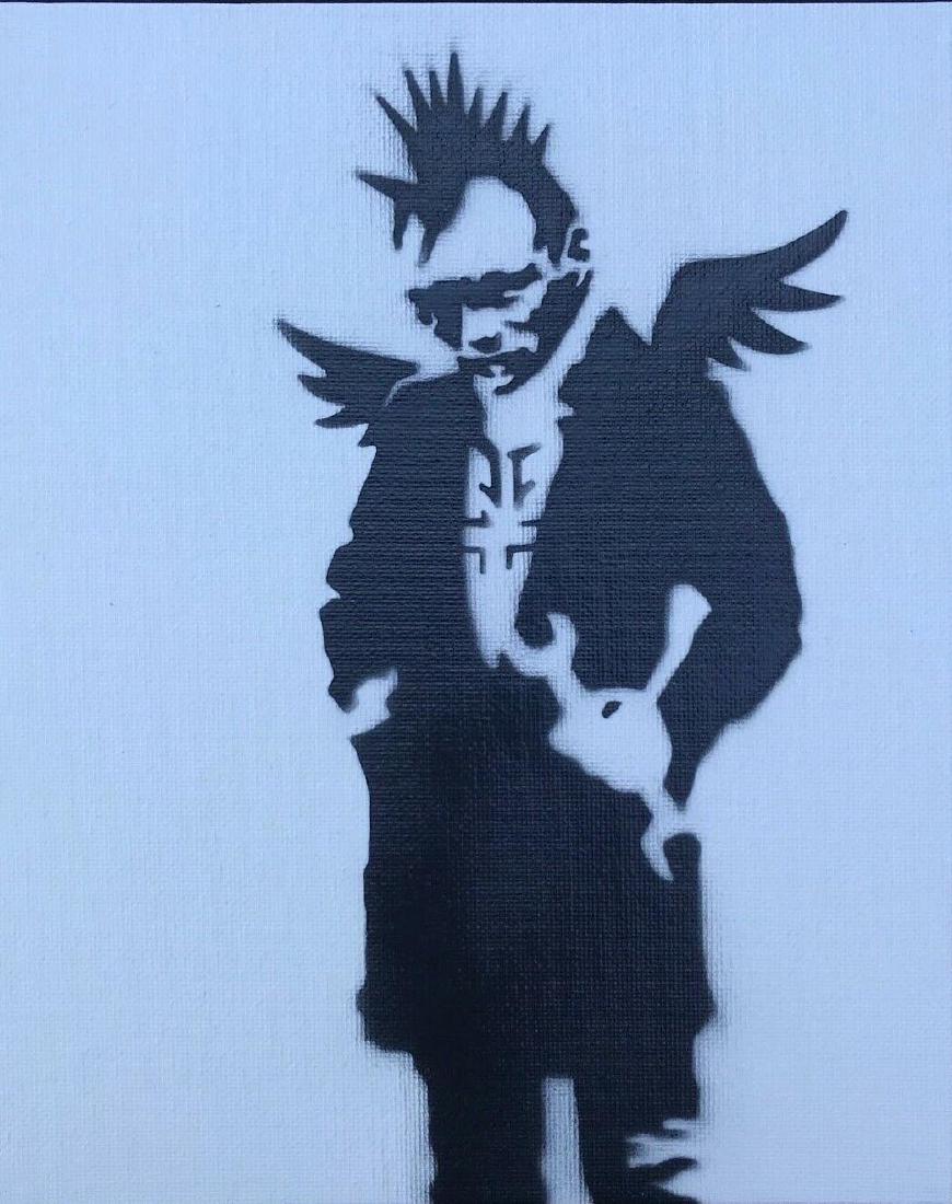 Banksy Dismaland "Punk Angelt" spray paint on canvas: Original graffiti artwork from WSM. Sell as souvenir in Dismaland, from an artist invited by Banksy. A tribute for Banksy. Size: 8" x 10" (25.5 x 20.32 cm) canvas board. Dismaland was a temporary art