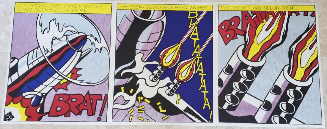 Roy Lichtenstein "As I Opened Fire,1966" signed tryptic: Roy Lichtenstein(American,1923-1997): "As I Opened Fire,1966" Set of 3 lithographs, unframed. hand signed on the right print. Size: 25-3/16" x 20-7/8" (64 x 53 cm) paper size each. Original 1966 first