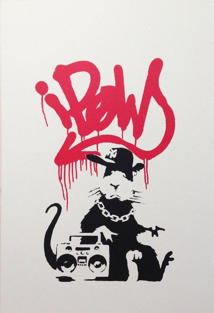 BANKSY - Gangsta rat - LIMITED EDITION OF 500 SILK: BANKSY - Gangsta rat - LIMITED EDITION OF 500 SILK SCREEN PRINT WITH PUBLISHER STAMP. These prints are produced using the exact methods as the early works; silk screen printed by hand onto the correct