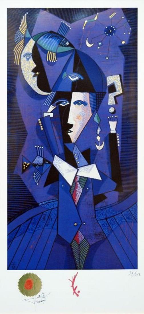 The Blue Magician by Jesus Fuertes - Lithograph HS/N: The Blue Magician by Jesus Fuertes - Lithograph on Paper - Cubism. This Lithograph on Paper measures approx. 32H x 15W Inches as shown