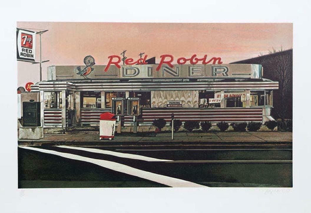 John Baeder, Red Robin, 1980, Serigraph pencil signed &: Artist: John Baeder, American (1938 - )Title: Red Robin Year: 1980 Medium: Serigraph, signed and numbered in pencil Edition: 250 Image Size: 15.5 x 25.5 inches Size: 22 x 30 in. (55.88 x 76.2 cm)