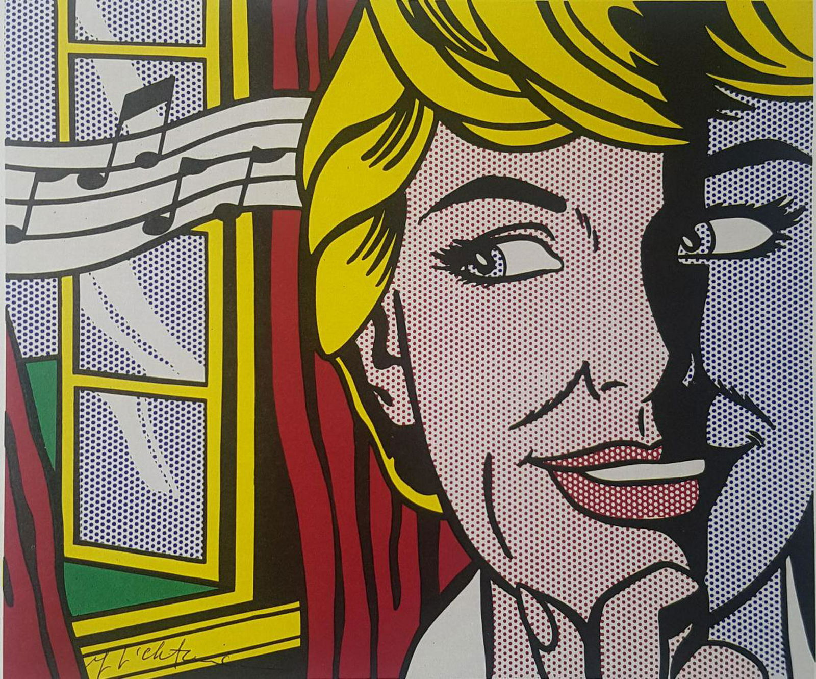 ROY LICHTENSTEIN, Sound of Music 1964. signed framed: ROY LICHTENSTEIN, Sound of Music 1964. Hand signed offet litho framed. Image size: 11 x 11 inch frame size approx: 18" x 18"