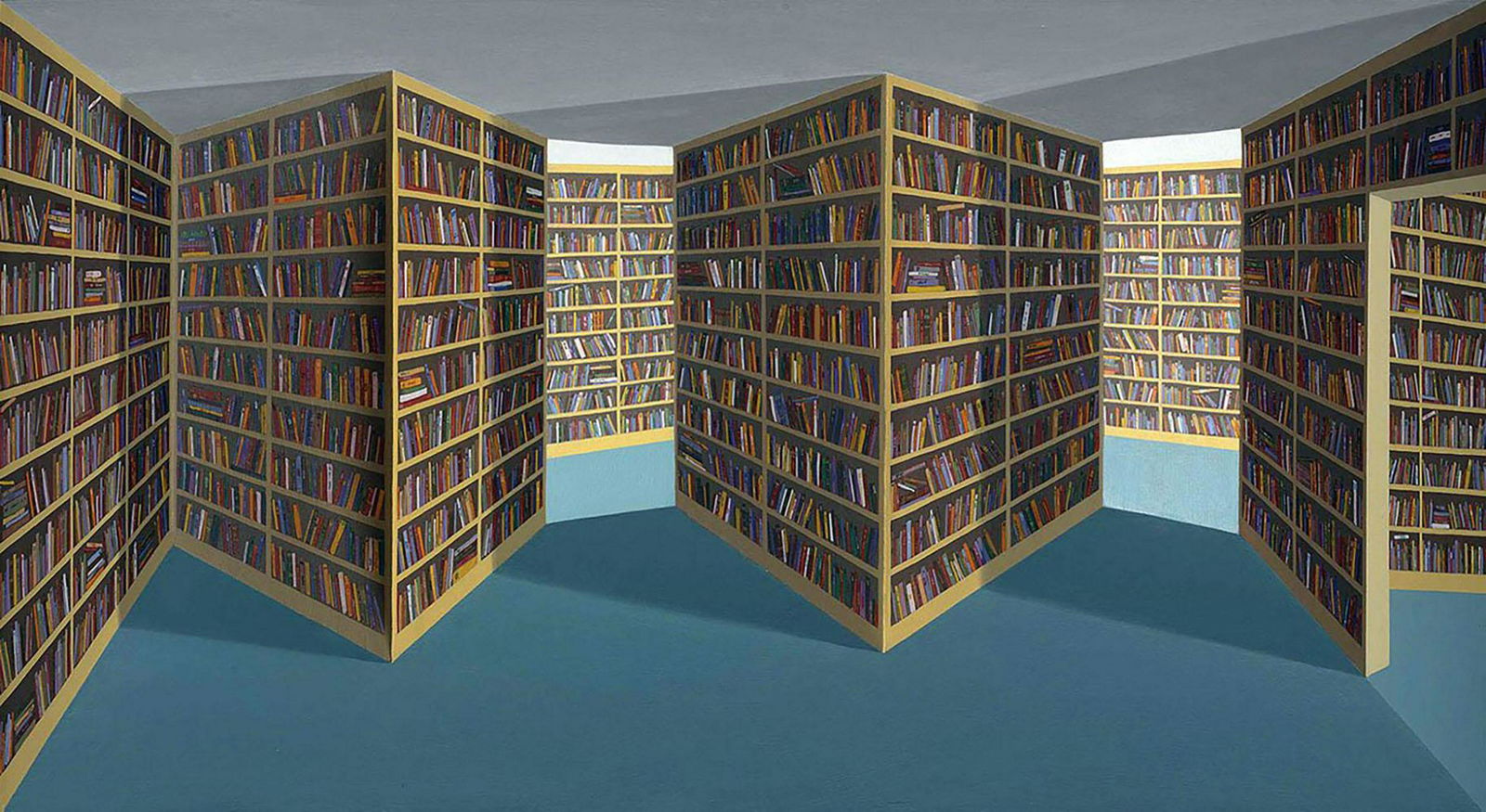 Patrick Hughes (b. 1939) Fiction Section, 1994, 3 D ori: Patrick Hughes (b. 1939) Fiction Section, 1994, 3 D Picturesigned, inscribed and dated 'Fiction Section/Patrick Hughes/1994' (on the reverse)(on the backboard) oil on board constructionPaper size: 23.