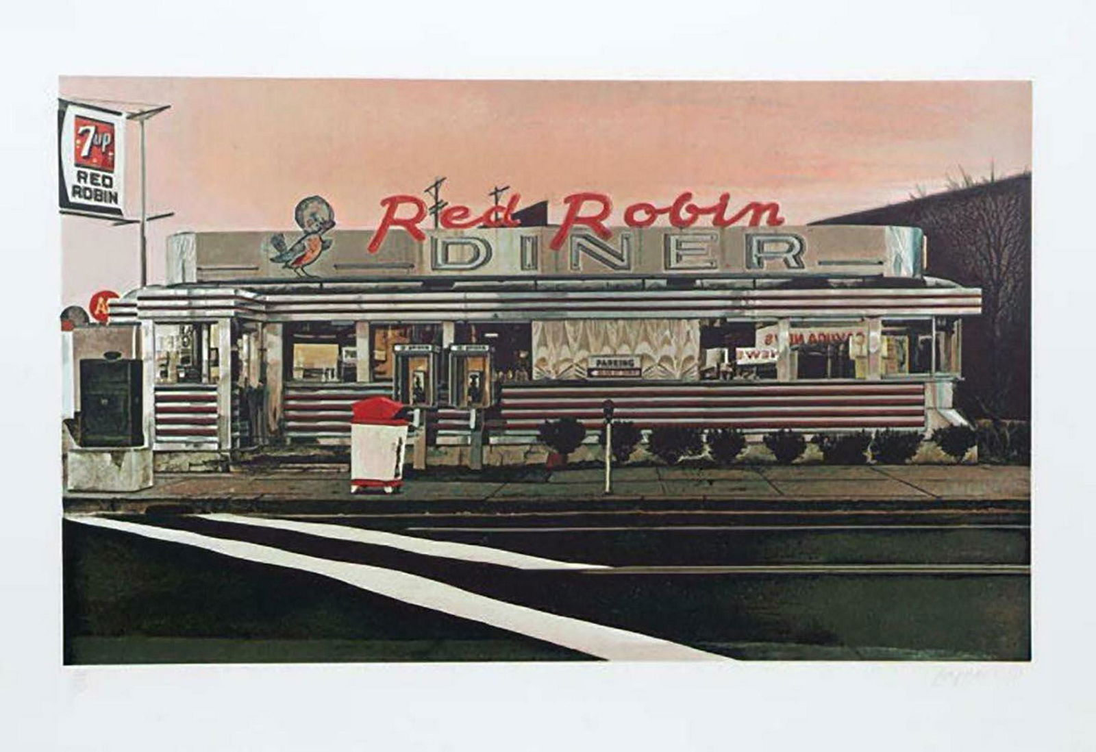 John Baeder, Red Robin, 1980, Serigraph pencil signed &: Artist: John Baeder, American (1938 - )Title: Red Robin Year: 1980 Medium: Serigraph, signed and numbered in pencil Edition: 250 Image Size: 15.5 x 25.5 inches Size: 22 x 30 in. (55.88 x 76.2 cm)